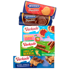Verkade sprits melkchocolade, nizza kokos, lange nekken of prinses aardbei of McVitie's digestive